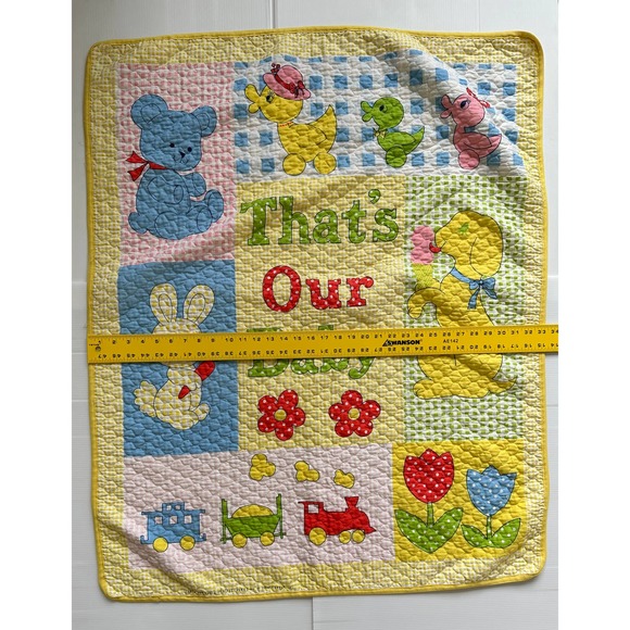 Thats Our Baby Princess Fabric Baby Blanket Quilt Yellow Bear Duck Train Flower - Picture 6 of 7